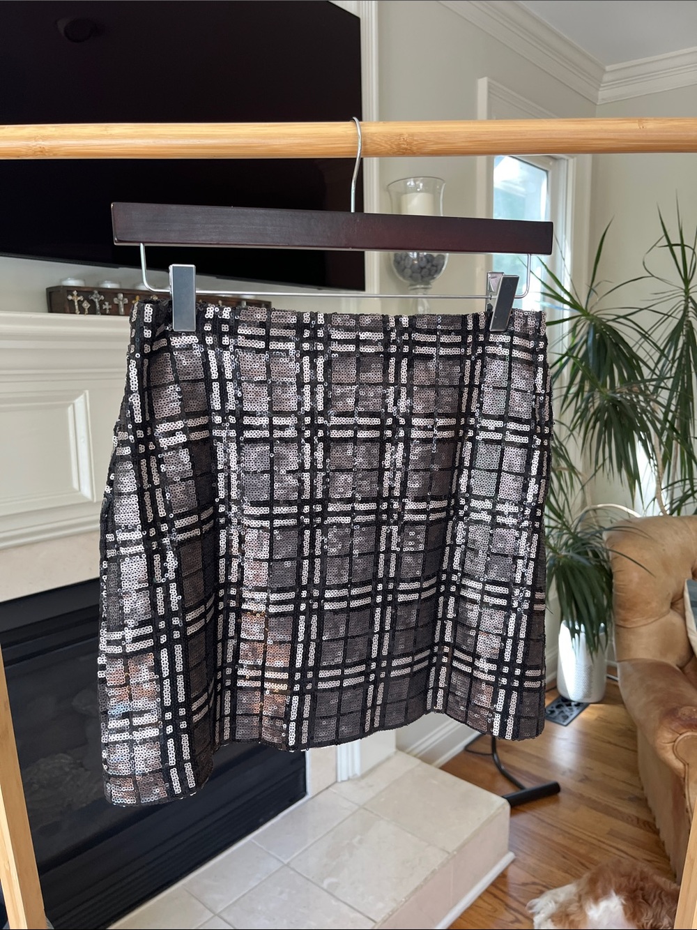 Anna Grace Black and Silver Sequined Plaid Mini Skirt
